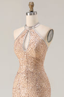Load image into Gallery viewer, Sparkly Champagne Mermaid Halter Beaded Long Prom Dress with Slit