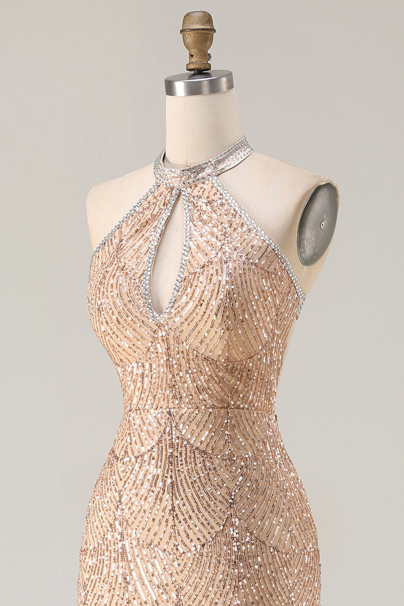 Load image into Gallery viewer, Sparkly Champagne Mermaid Halter Beaded Long Prom Dress with Slit