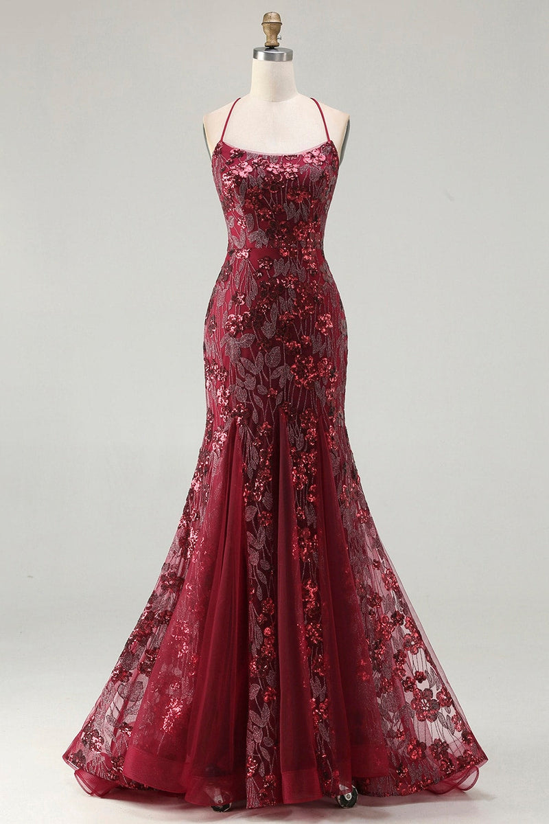 Load image into Gallery viewer, Sparkly Burgundy Mermaid Floral Sequins Long Prom Dress with Beading