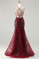 Load image into Gallery viewer, Sparkly Burgundy Mermaid Floral Sequins Long Prom Dress with Beading