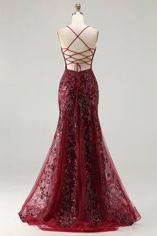 Sparkly Burgundy Mermaid Floral Sequins Long Prom Dress with Beading