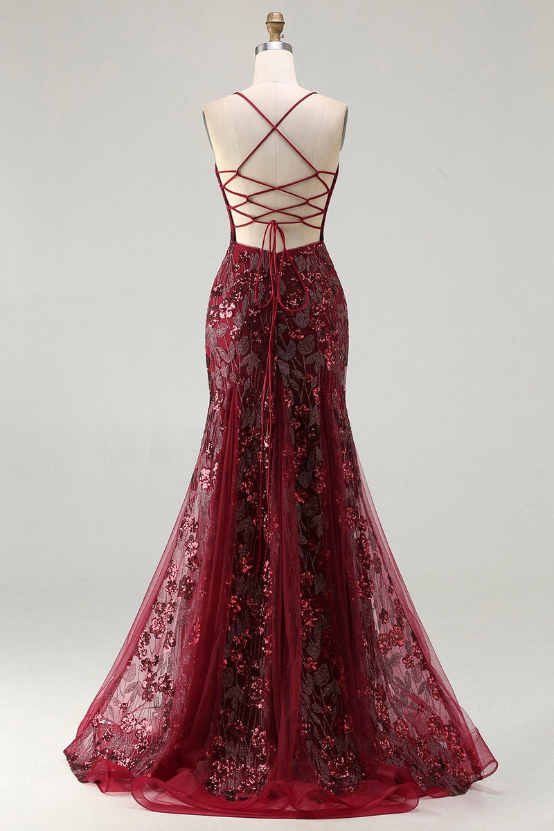 Load image into Gallery viewer, Sparkly Burgundy Mermaid Floral Sequins Long Prom Dress with Beading