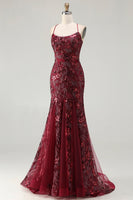 Load image into Gallery viewer, Sparkly Burgundy Mermaid Floral Sequins Long Prom Dress with Beading