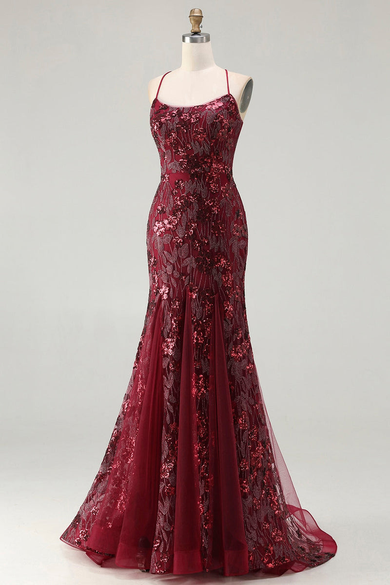 Load image into Gallery viewer, Sparkly Burgundy Mermaid Floral Sequins Long Prom Dress with Beading