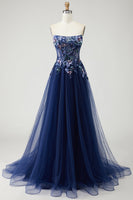 Load image into Gallery viewer, Sparkly Navy A Line Floral Tulle Long Prom Dress with Embroidery