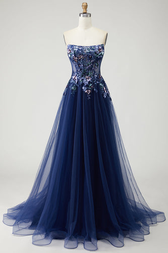 Sparkly Navy A Line Floral Tulle Long Prom Dress with Embroidery