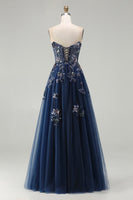Load image into Gallery viewer, Sparkly Floral Navy Tulle A-Line Long Corset Prom Dress with Sequin