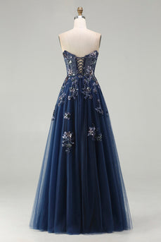 Sparkly Floral Navy Tulle A-Line Long Corset Prom Dress with Sequin