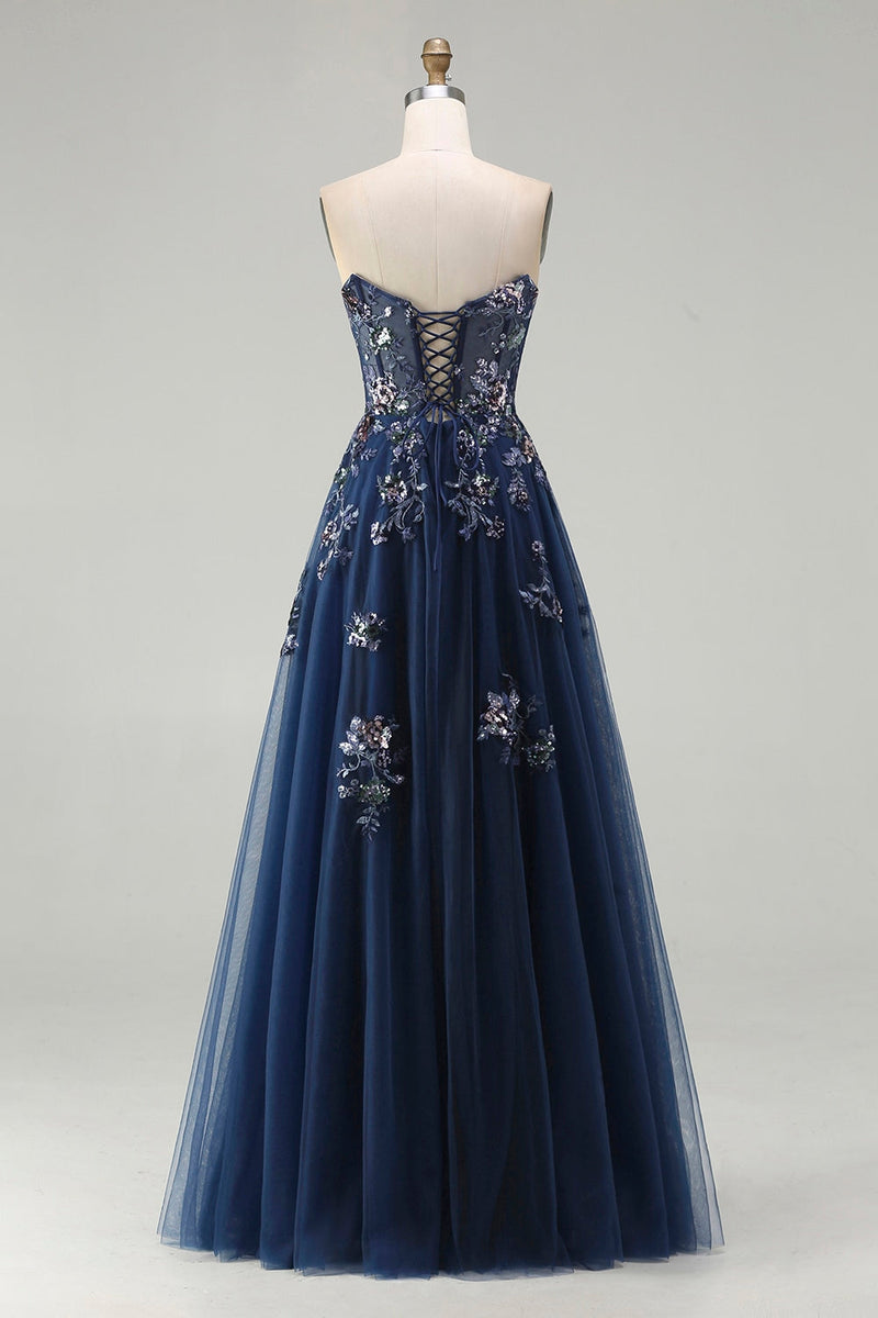 Load image into Gallery viewer, Sparkly Floral Navy Tulle A-Line Long Corset Prom Dress with Sequin