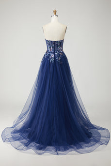 Sparkly Navy A Line Floral Tulle Long Prom Dress with Embroidery
