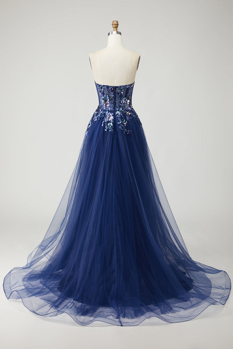 Load image into Gallery viewer, Sparkly Navy A Line Floral Tulle Long Prom Dress with Embroidery