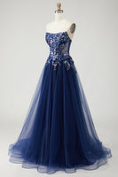 Load image into Gallery viewer, Sparkly Navy A Line Floral Tulle Long Prom Dress with Embroidery