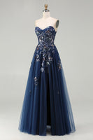 Load image into Gallery viewer, Sparkly Floral Navy Tulle A-Line Long Corset Prom Dress with Sequin