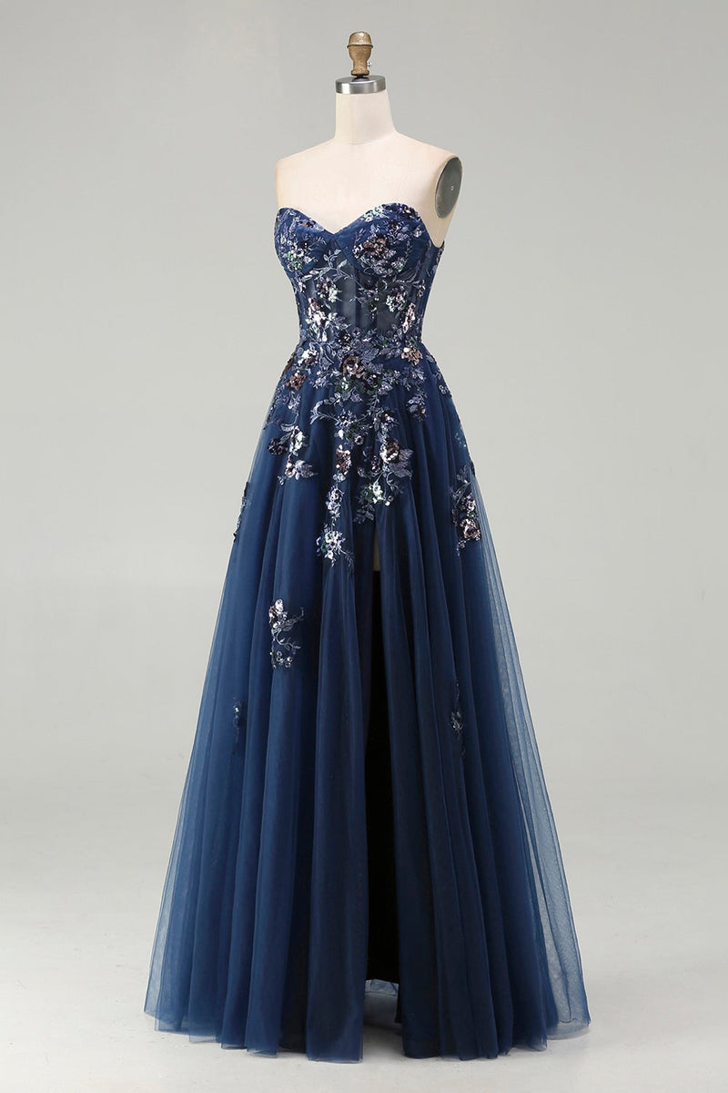 Load image into Gallery viewer, Sparkly Floral Navy Tulle A-Line Long Corset Prom Dress with Sequin