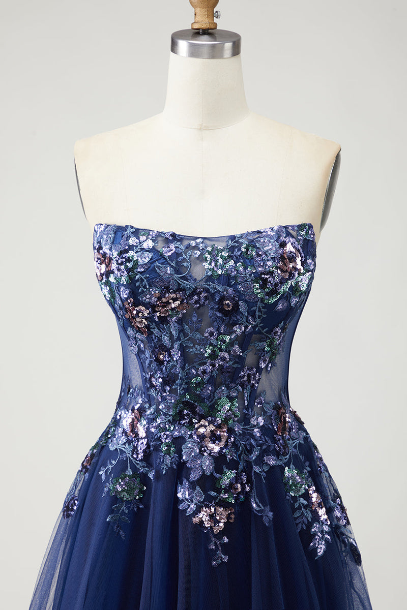 Load image into Gallery viewer, Sparkly Navy A Line Floral Tulle Long Prom Dress with Embroidery