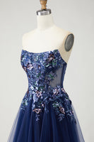 Load image into Gallery viewer, Sparkly Navy A Line Floral Tulle Long Prom Dress with Embroidery