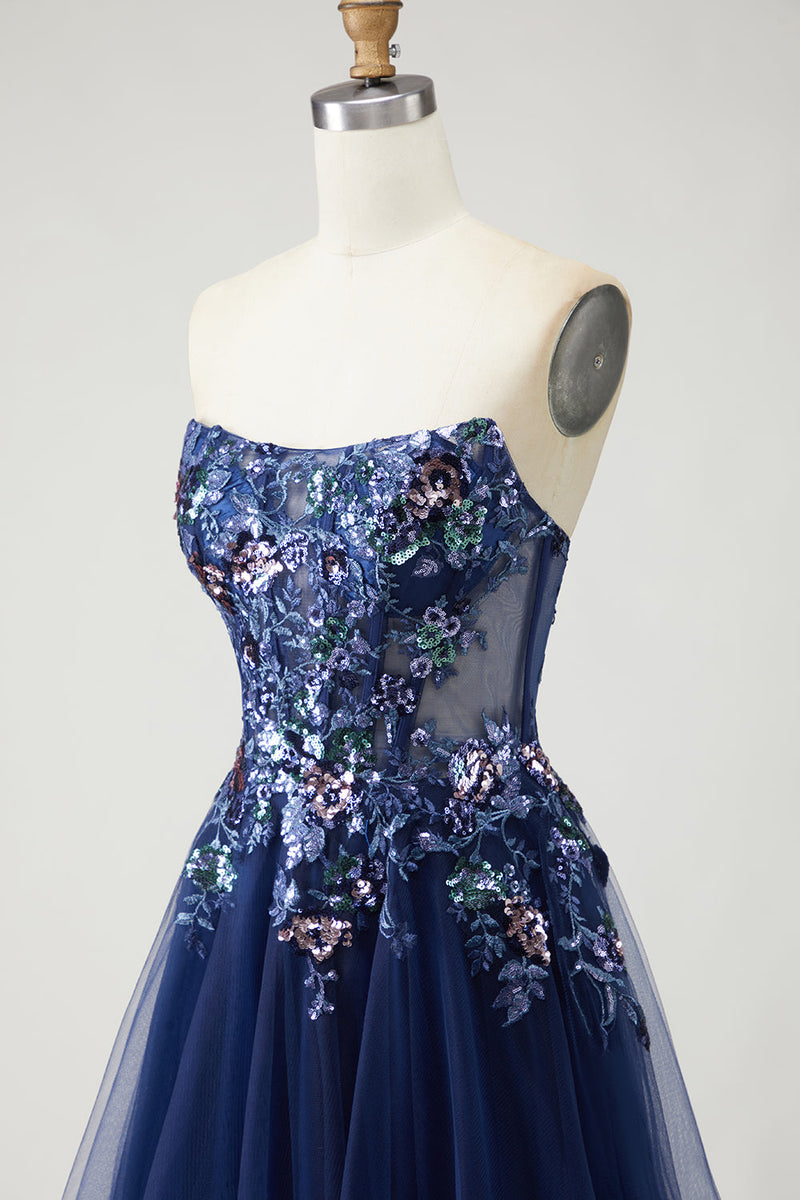 Load image into Gallery viewer, Sparkly Navy A Line Floral Tulle Long Prom Dress with Embroidery