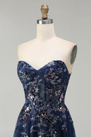 Load image into Gallery viewer, Sparkly Floral Navy Tulle A-Line Long Corset Prom Dress with Sequin