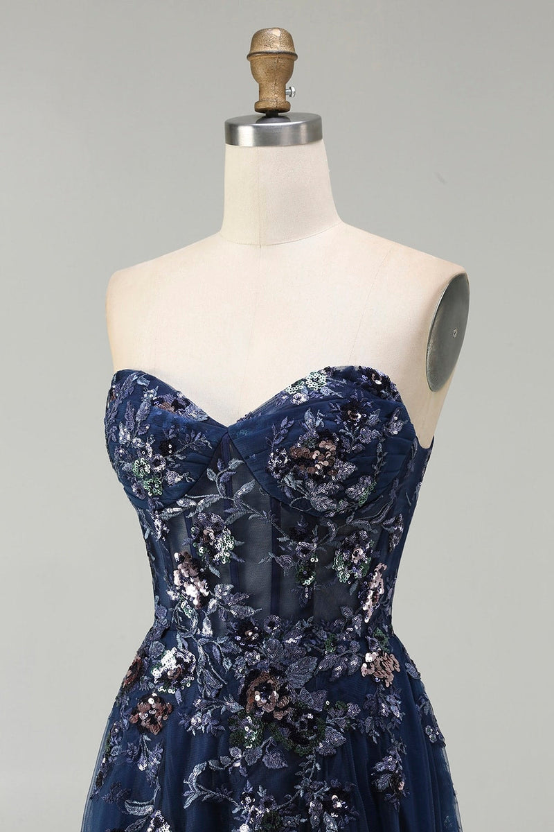 Load image into Gallery viewer, Sparkly Floral Navy Tulle A-Line Long Corset Prom Dress with Sequin