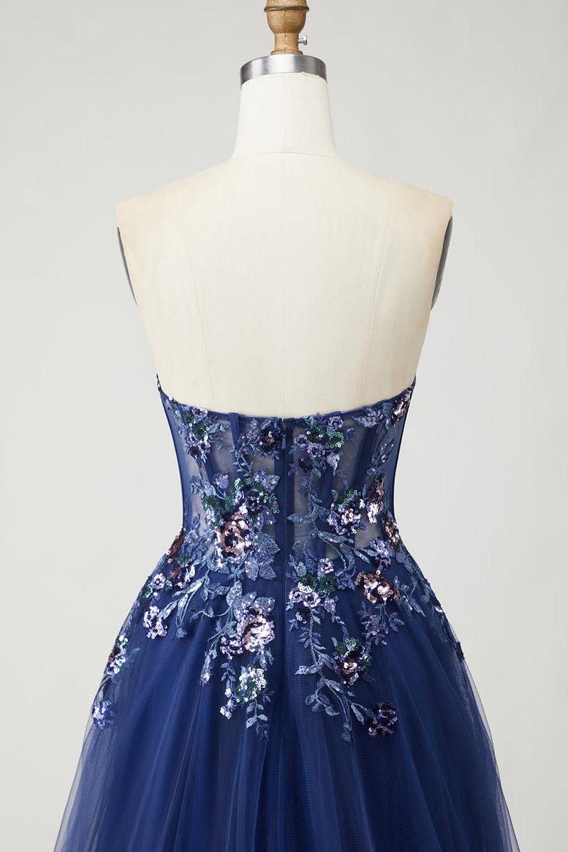 Load image into Gallery viewer, Sparkly Navy A Line Floral Tulle Long Prom Dress with Embroidery