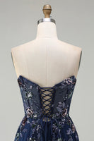 Load image into Gallery viewer, Sparkly Floral Navy Tulle A-Line Long Corset Prom Dress with Sequin