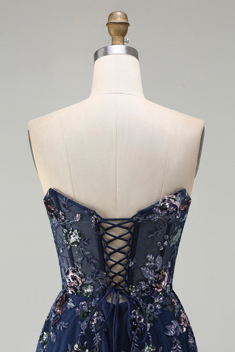 Load image into Gallery viewer, Sparkly Floral Navy Tulle A-Line Long Corset Prom Dress with Sequin