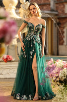 Load image into Gallery viewer, Sparkly Dark Green Floral A Line Tulle Long Prom Dress with Appliques