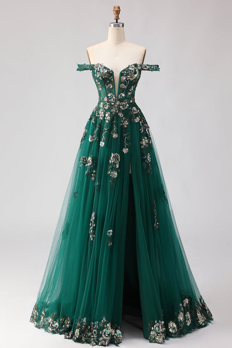 Load image into Gallery viewer, Sparkly Dark Green Floral A Line Tulle Long Prom Dress with Appliques