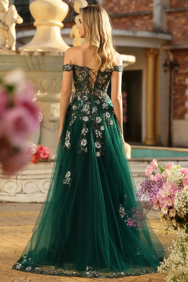 Load image into Gallery viewer, Sparkly Dark Green Floral A Line Tulle Long Prom Dress with Appliques