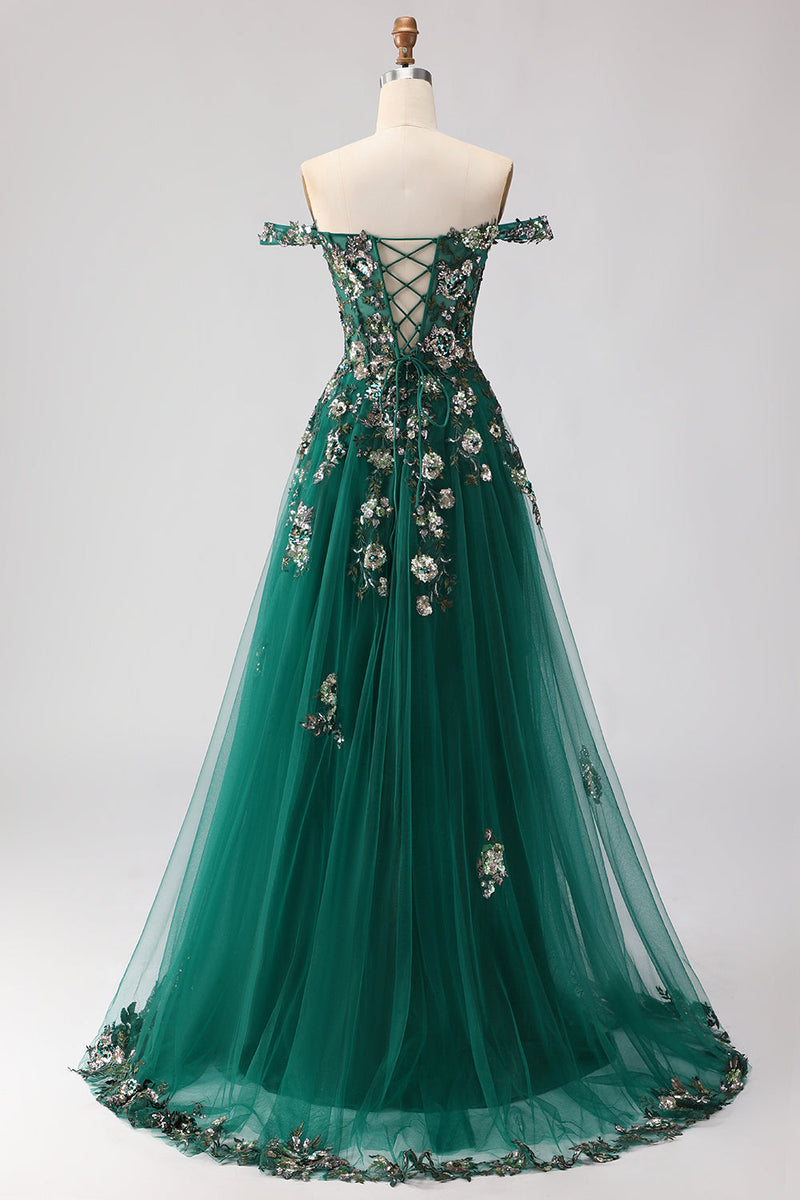 Load image into Gallery viewer, Sparkly Dark Green Floral A Line Tulle Long Prom Dress with Appliques