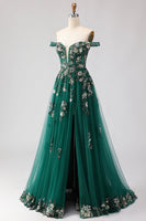 Load image into Gallery viewer, Sparkly Dark Green Floral A Line Tulle Long Prom Dress with Appliques