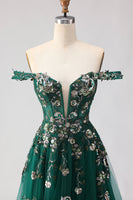 Load image into Gallery viewer, Sparkly Dark Green Floral A Line Tulle Long Prom Dress with Appliques