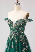 Load image into Gallery viewer, Sparkly Dark Green Floral A Line Tulle Long Prom Dress with Appliques