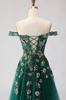 Load image into Gallery viewer, Sparkly Dark Green Floral A Line Tulle Long Prom Dress with Appliques