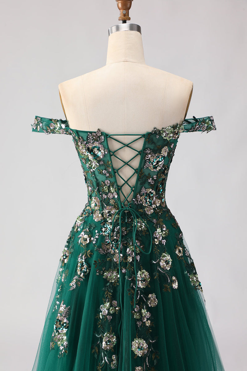 Load image into Gallery viewer, Sparkly Dark Green Floral A Line Tulle Long Prom Dress with Appliques