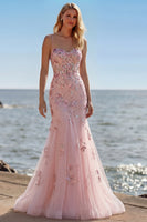 Load image into Gallery viewer, Sparkly Blush Mermaid Floral Long Corset Prom Dress