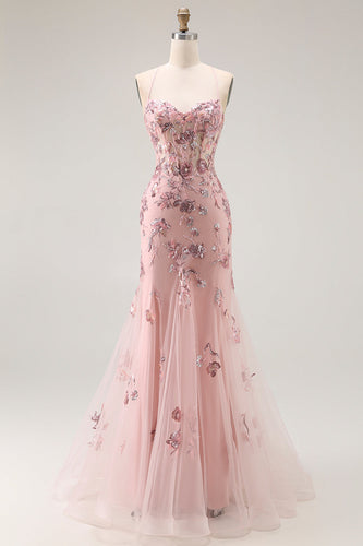 Sparkly Blush Mermaid Floral Long Corset Prom Dress