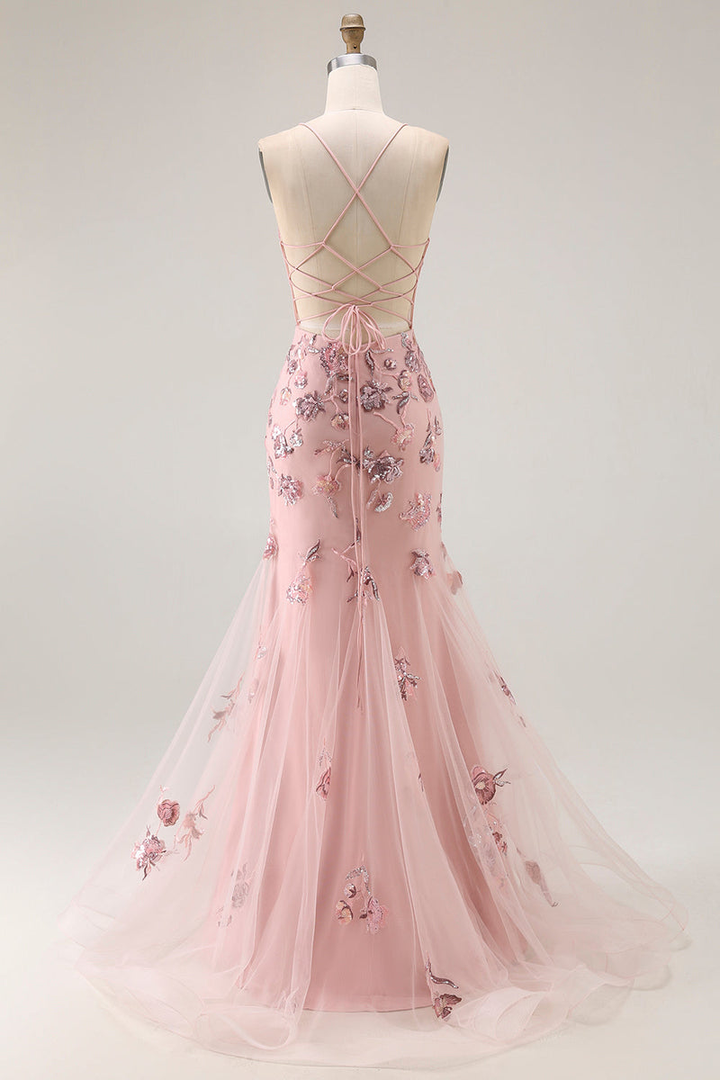 Load image into Gallery viewer, Sparkly Blush Mermaid Floral Long Corset Prom Dress