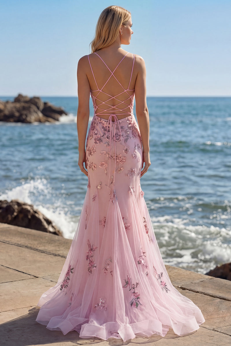 Load image into Gallery viewer, Sparkly Blush Mermaid Floral Long Corset Prom Dress