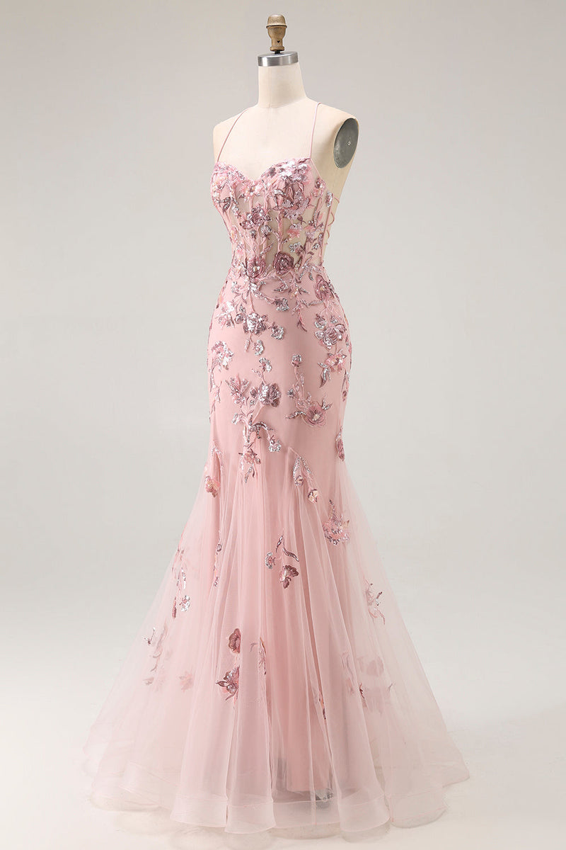 Load image into Gallery viewer, Sparkly Blush Mermaid Floral Long Corset Prom Dress