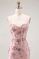 Load image into Gallery viewer, Sparkly Blush Mermaid Floral Long Corset Prom Dress