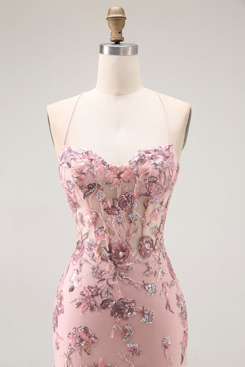 Load image into Gallery viewer, Sparkly Blush Mermaid Floral Long Corset Prom Dress