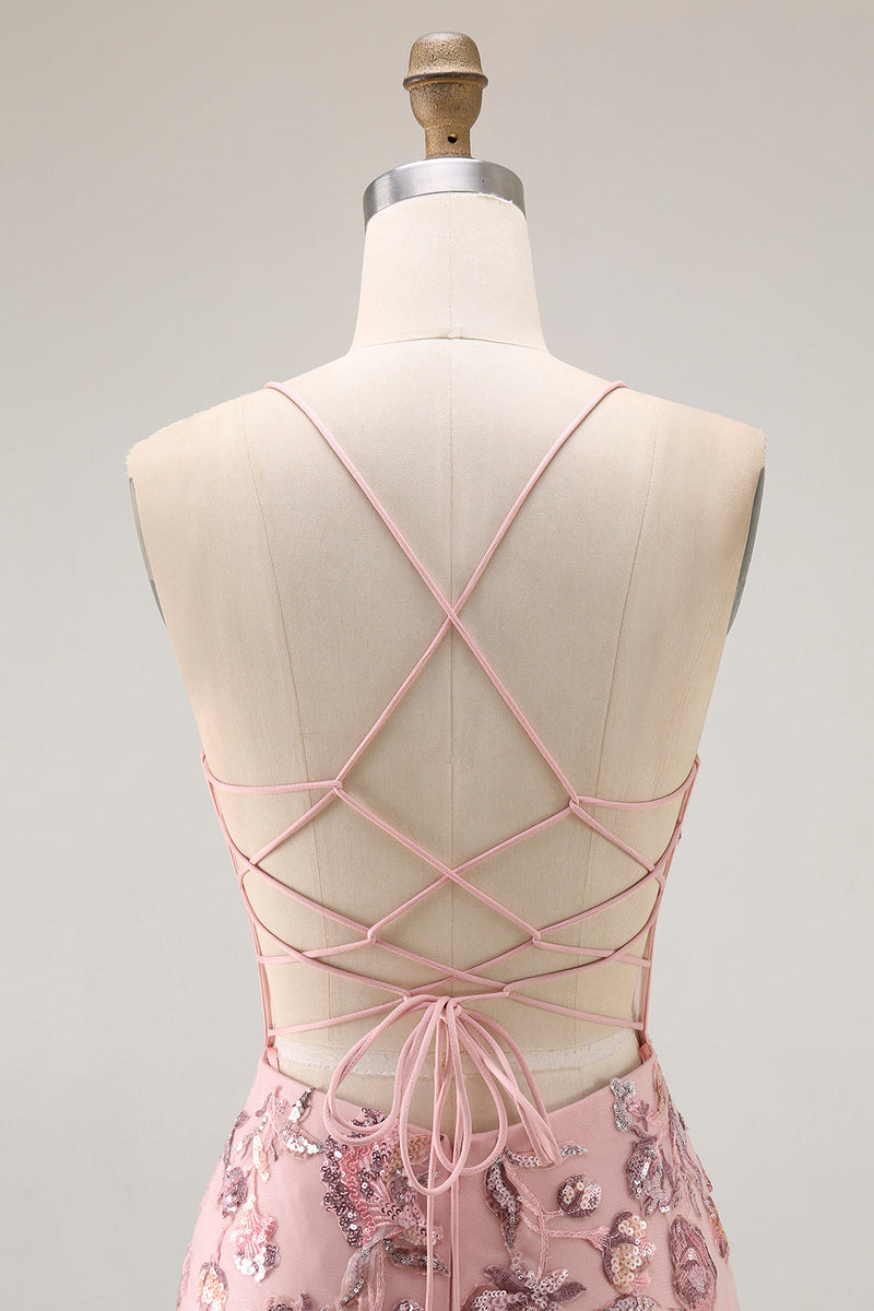 Load image into Gallery viewer, Sparkly Blush Mermaid Floral Long Corset Prom Dress