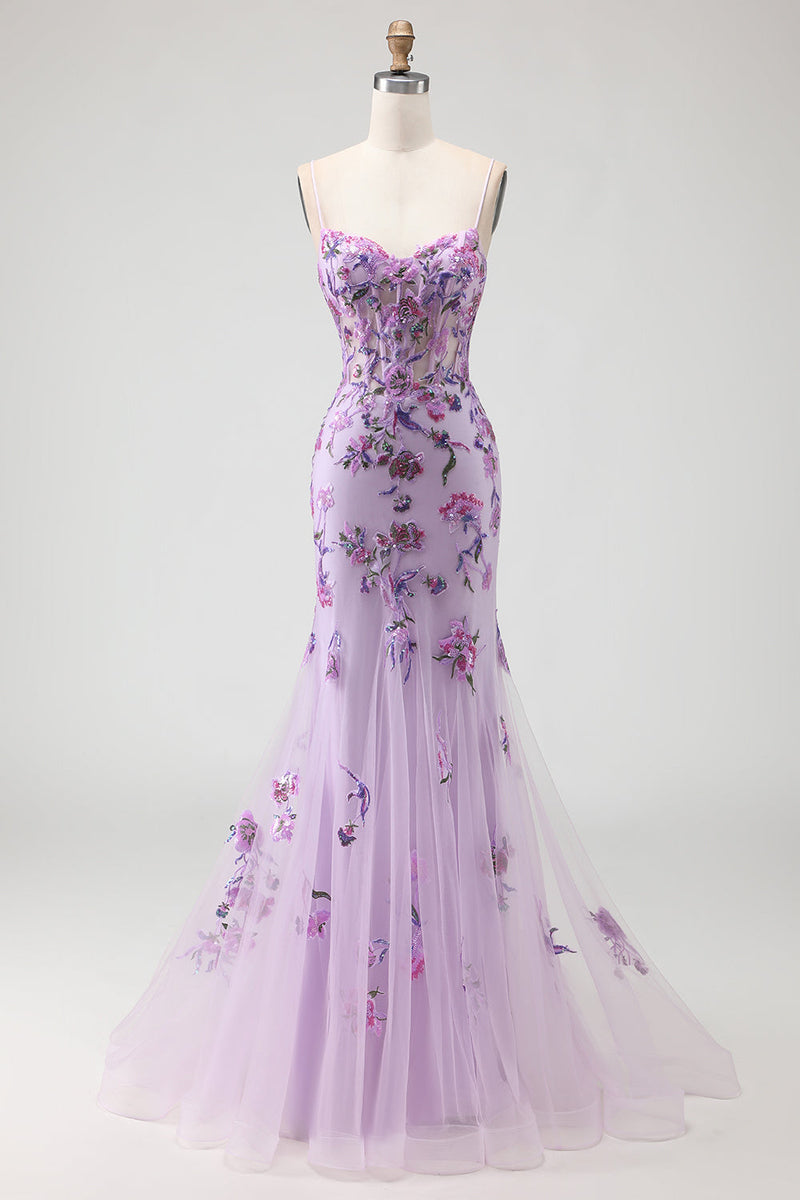 Load image into Gallery viewer, Sparkly Purple Floral Mermaid Long Corset Prom Dress