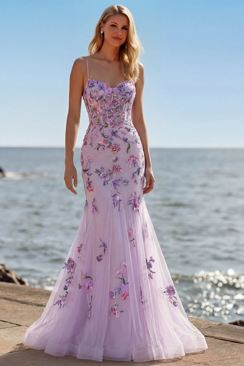 Load image into Gallery viewer, Sparkly Purple Floral Mermaid Long Corset Prom Dress