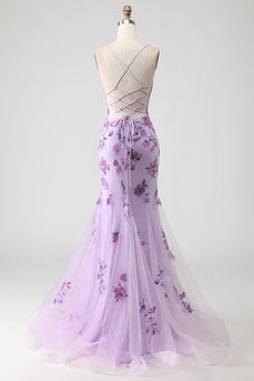 Sparkly Purple Floral Mermaid Long Corset Prom Dress