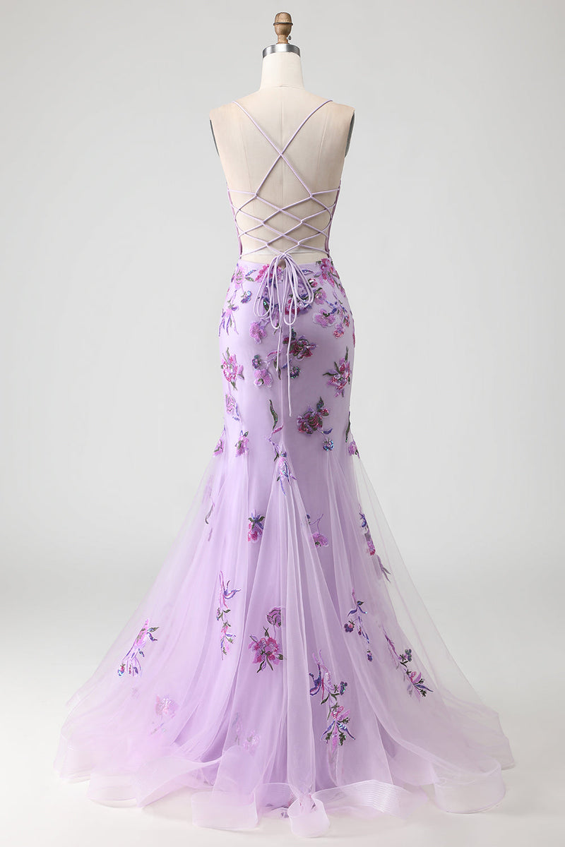 Load image into Gallery viewer, Sparkly Purple Floral Mermaid Long Corset Prom Dress
