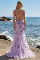 Load image into Gallery viewer, Sparkly Purple Floral Mermaid Long Corset Prom Dress
