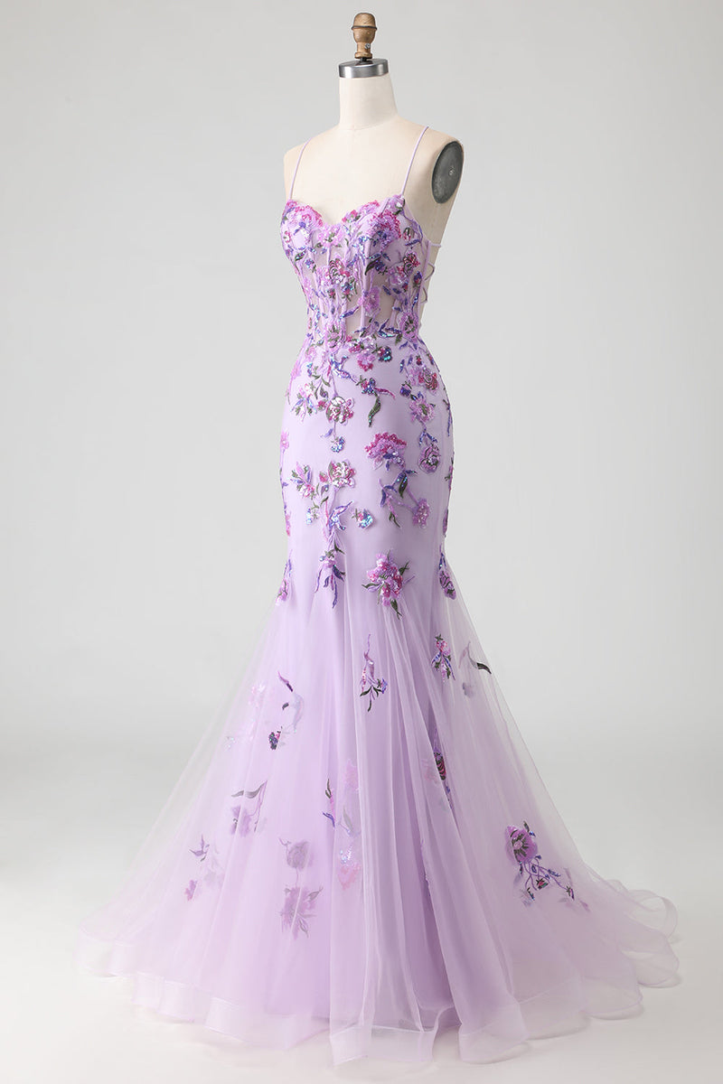 Load image into Gallery viewer, Sparkly Purple Floral Mermaid Long Corset Prom Dress