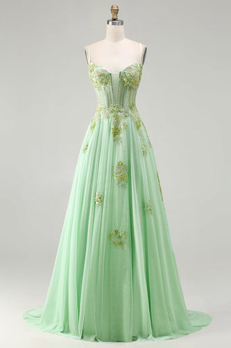Sparkly Floral A-Line Green Long Corset Prom Dress with Beading